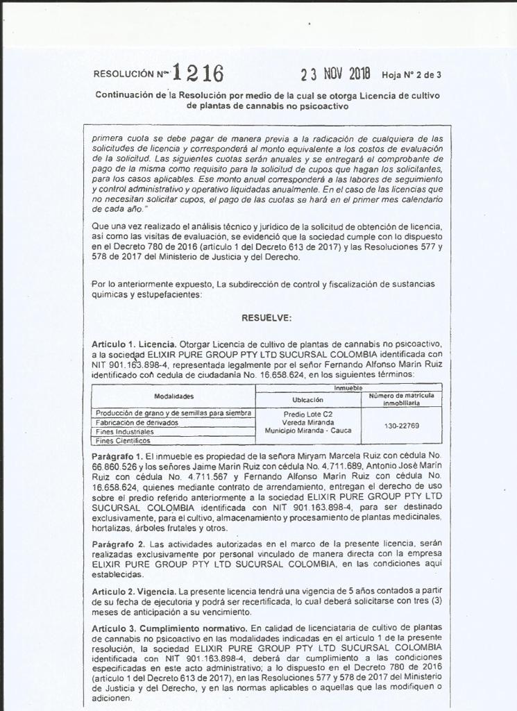 Licencia oficial de cultivo de cannabis no psicoactivo - Resolución 1216 de 2018